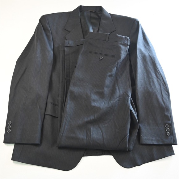 Vtg USA Made 43R 36x32 Black Striped 100% Wool Mens Jacket Pants Suit